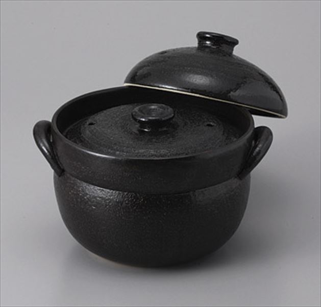 利行黒釉 ごはん鍋 2合炊き 土鍋 田の実鍋 炊飯鍋17.4x20.5×16.3糎 直火 食べ物屋 はたご屋 和食器 飲食店 お役目用生生世世焼 国産 麻婆豆腐 お粥