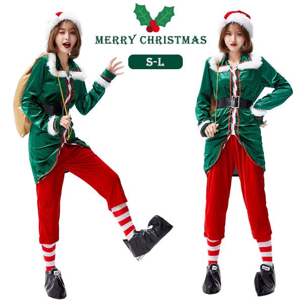 ギフト サンタ コスプレ衣装 クリスマスコスプレ 長袖 レディース サンタクロース クリスマス コスチューム フード付き 大人 サンタ服 サンタ フレアワンピース 仮装 演出服 大人服 6点セット パーティー プレゼント 帽子＋トップス+パンツ＋ベルト＋靴カバー＋ソックス