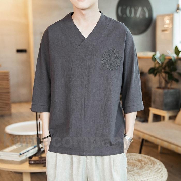 プルオーバー メンズ Vのど首 半袖 綿麻風 カットソー 刺しゅう トップス 心地よい プルオーバー 冷やりとした リネン 夏 夏服 夏物 好いたらしい目 メンズ流行り物