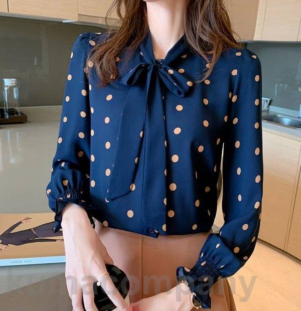 楽天市場】ドット柄 ボウタイ リボン ブラウス レディース トップス