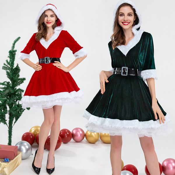 クリスマスシリーズ サンタ コスプレ衣装 レディース サンタクロース クリスマス コスチューム フード付き マント 大人 サンタ服 サンタ フレアワンピース 仮装 演出服 大人服 パーティー プレゼント ワンピース＋ベルト レッド