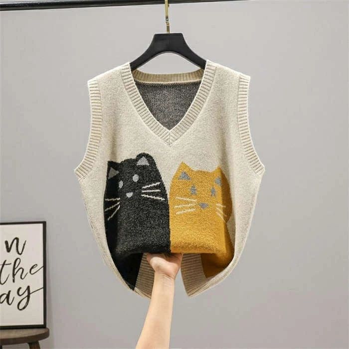 ホワイト Vネック ノースリーブベスト 猫刺繍 ホワイト Vネック ノースリーブベスト 猫刺繍