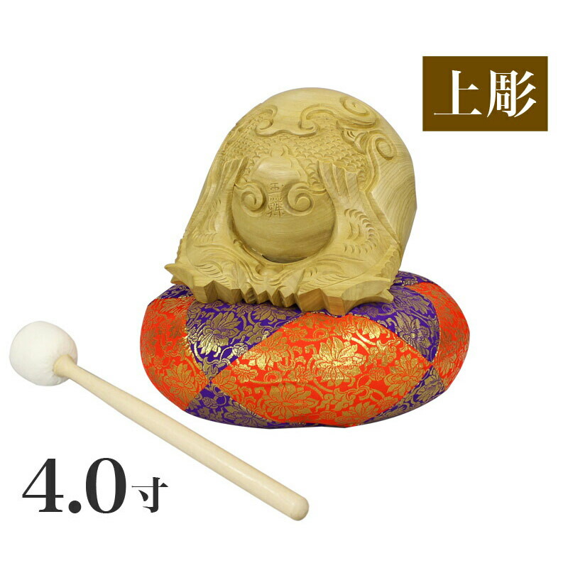 【仏壇仏具】一刀彫木魚セット　4寸 Amazon｜仏壇屋 滝田商店 木魚 白木製(一式) 4寸(横巾12cm