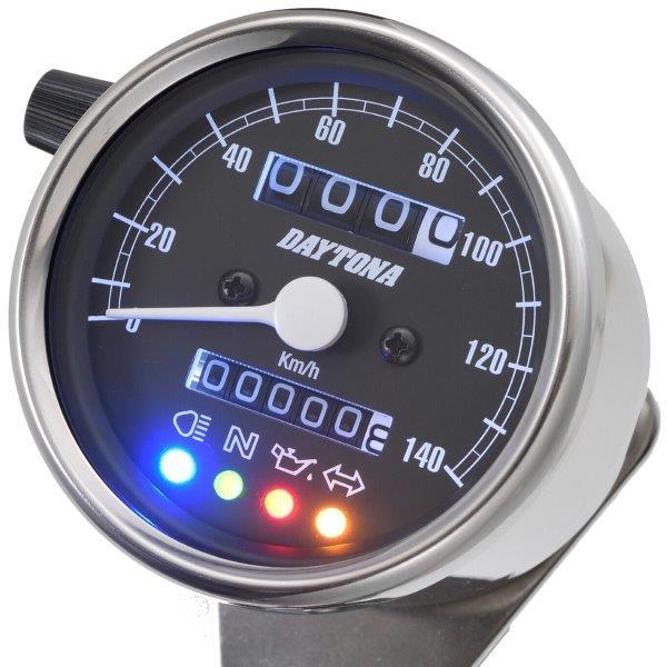 ☆ 15637 デイトナ 機械式スピードメーター(インジケーター付き) φ60 ホワイトLED照明　ステンレスボディ/ブラックパネル 140km/h