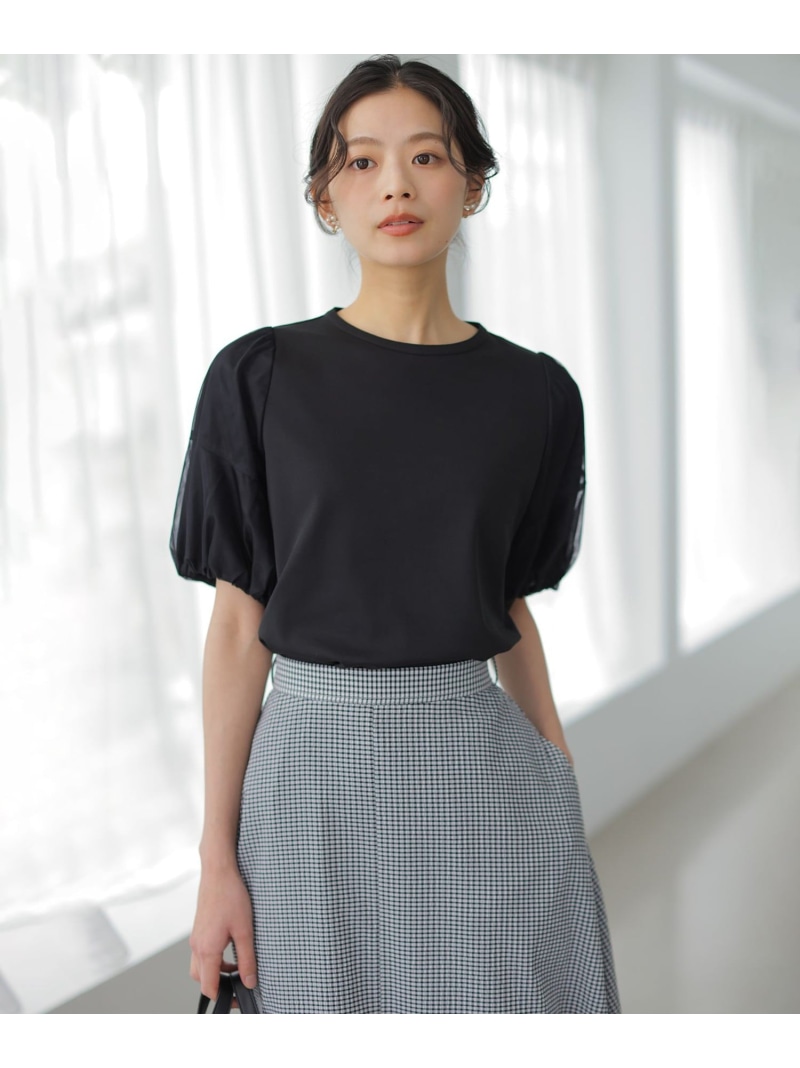 【WEB制限事項】綿織物ポンチ絵 チュールコンビ カットソー 短い出し物 クミキョク トップス カットソー・プルオーバー 白いこと 薄墨色 黒いこと【貨物輸送無料】[ Fashion]