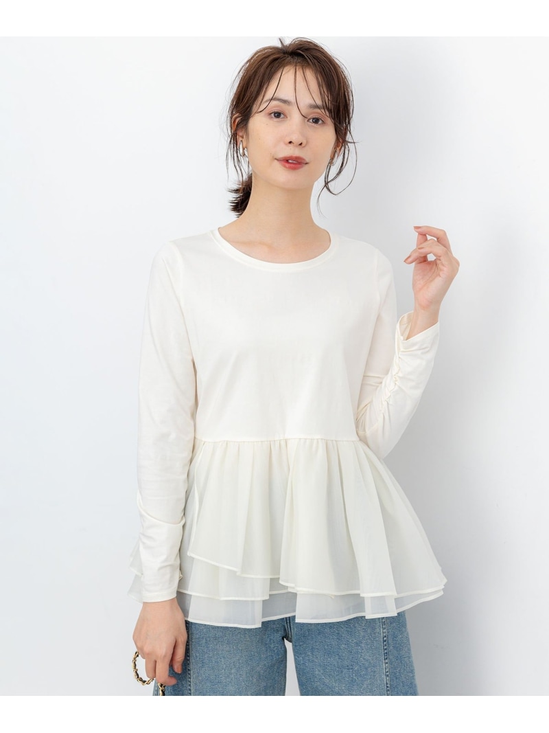 オーガンジーコンビ ロングTシャツ 組曲 L クミキョク トップス カットソー・Tシャツ グレー ホワイト【送料無料】[ Fashion]