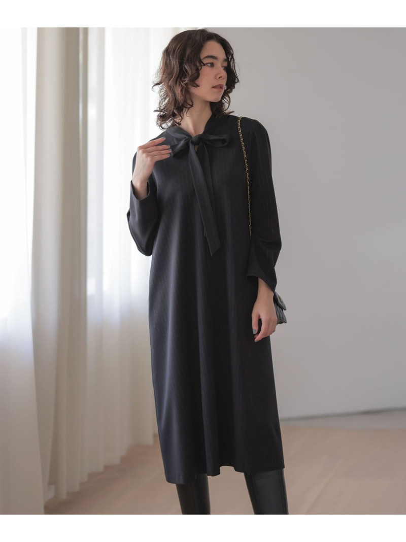 【SALE／30%OFF】【前後着用可】ラメストライプボウタイ ワンピース 組曲 S クミキョク ワンピース・ドレス ワンピース ブラック グレー【RBA_E】【送料無料】[ Fashion]
