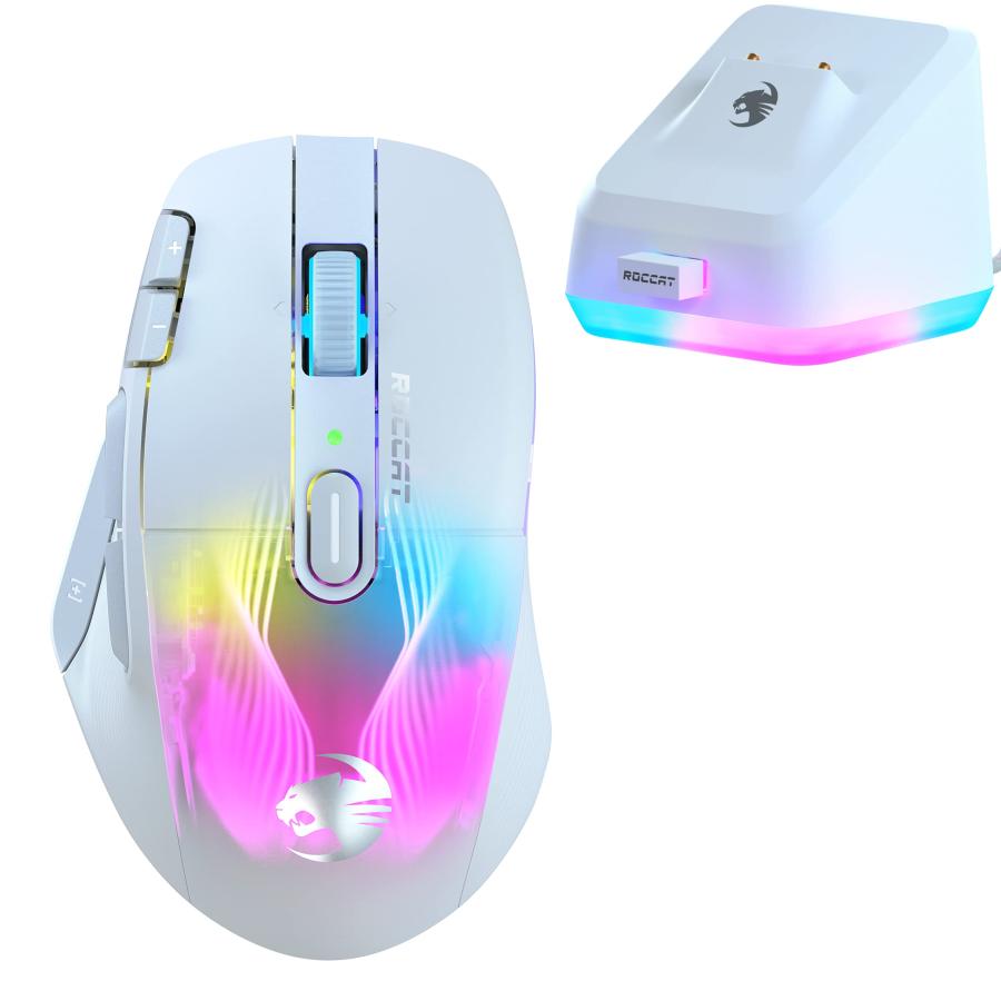ROCCAT ゲーミングマウス Kone XP Air 無線電話2.4GHz/Bluetooth 白いこと/白光学式/19K/光学的/多名取り草/99g/申し受けるドック/4DWheel/Reflex/RGBＦＲＧ青写真
