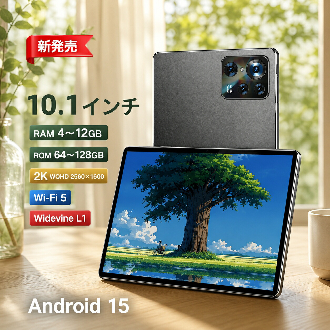 【ランキング1位!★1年保証】 タブレット Android 15 タブレット 10.1インチ 2K解像度 2560*1600 IPS 大画面 Wi-Fiモデル 4~12GB+64~128GB Playストア Widevine L1 アンドロイド15 タブレット 8コアCPU 2.0Ghz GMS認証 WiFi5 BT5.0 YouTube NETFLIX 8800mAh|KURAショップ