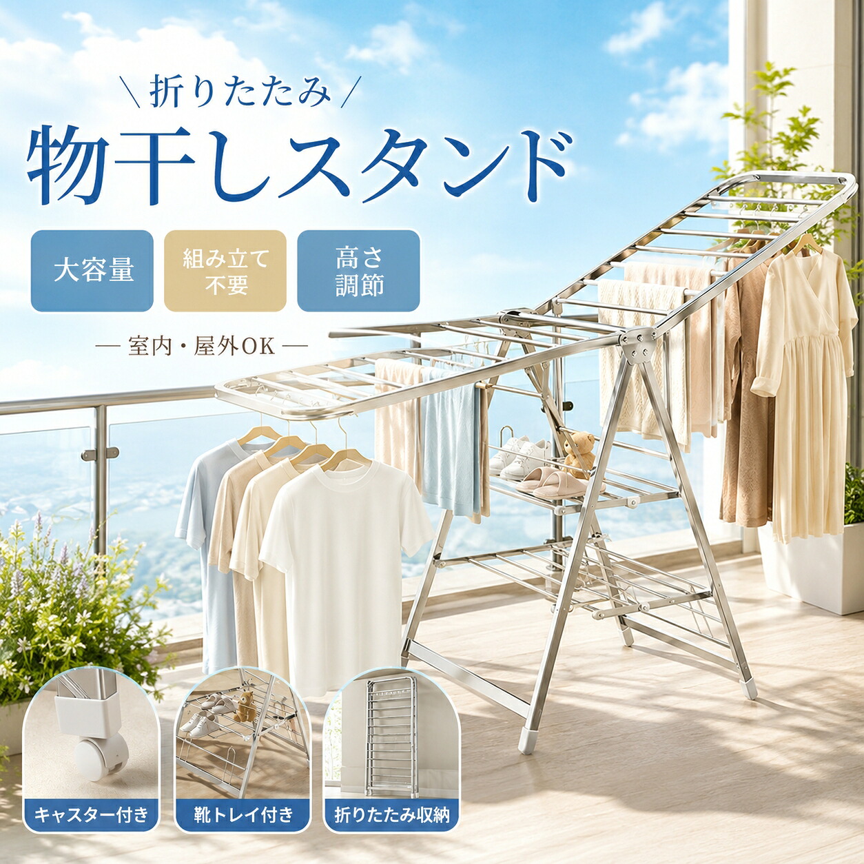 『10倍ポイント』室内物干し 折りたたみ 物干しスタンド 大容量 ステンレス 屋外 室内兼用 組立不要 キャスター付き 高さ調節 布団干し シーツ干し タオル干し 靴トレイ 省スペース コンパクト収納 多機能物干しラック ベランダ 部屋干し 梅雨対策 洗濯用品 移動便利|KURAショップ
