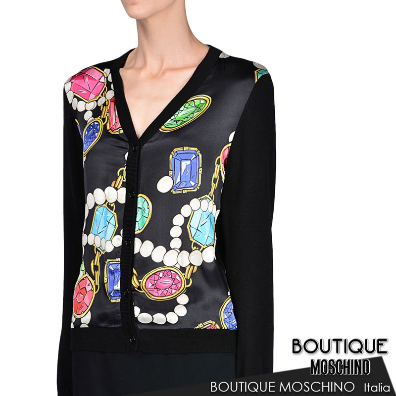 【送料無料】【50％オフセール 】 BOUTIQUE MOSCHINO ブティック モスキーノ ニット カーディガン ジュエリー 宝石 Vネック 長そで ウール シルク ブラック 黒 SIZE：40(7～9号)/42(9～11号) (mos_271207)