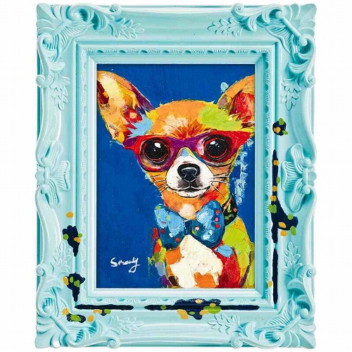 「ポルカドットブルー」オイルペイントモダンアート［絵画通販］犬・イヌ・いぬ・油絵・絵・ハンドメイド・動物【絵のある暮らし】【壁掛けフック付き】