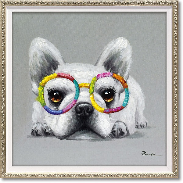 絵画 インテリア 額付(銀) 油絵 uF6-050220 可愛い子犬 動物 絵画 インテリア 油絵 玄関 絵 アートパネル 飾る アート