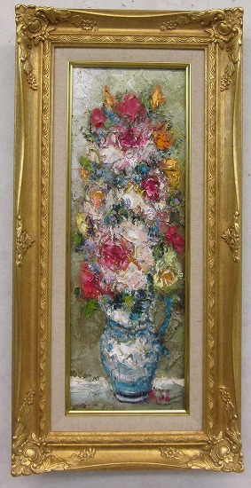 「薔薇」渡部ひでき【通信販売】（Wサムホールサイズ油彩画[油絵]（直筆油彩画）静物画・バラ・ゴールド額[絵画通販])【絵のある暮らし】【壁掛けフック付き】