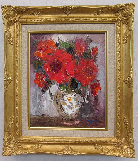 真筆】渡部ひでき作 油絵『薔薇』 油彩 厚塗り画の迫力 額縁付 静物画