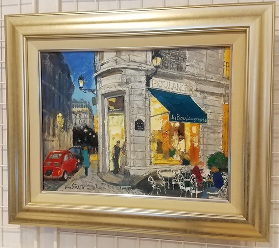 市場 夜のカフェ 斎藤要 Ｆ６サイズ油彩画 油絵 外国風景画 ヨーロッパ