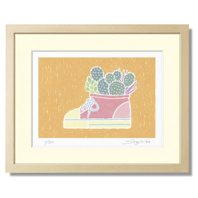 キッズシューズの多肉植物寄せ植え 藤谷壮仁郎 Soujirou ジークレー版画作品 絵画 版画 おしゃれ モダン アートフレーム インテリア 御祝 新築祝い 開店祝い 結婚祝い ギフト 静物画 八切サイズフレーム PPシリーズ 壁掛けフック付き 絵のある暮らし｜絵のある暮らし【絵画販売専門店】