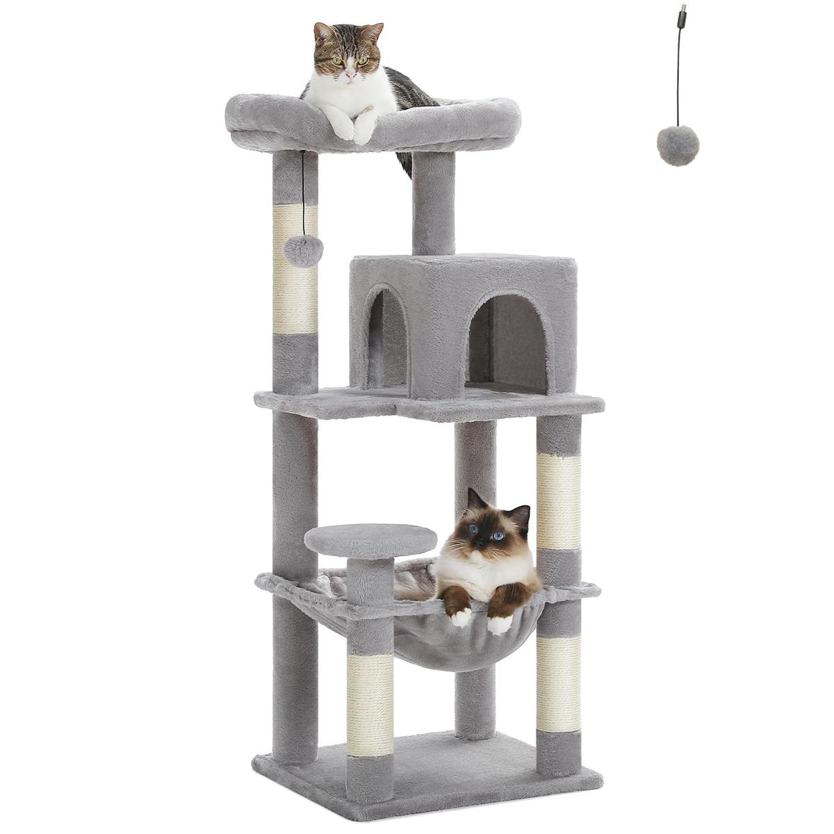PETEPELA(ぺテぺラ) キャットタワー スリム コンパクト 猫タワー 据え置き 置き型 省スペース ハンモック 爪研ぎ 見晴台 人気 ボンボン 天然麻紐 シンプル 運動不足解消 多頭飼い - グレー M 高さ116cm