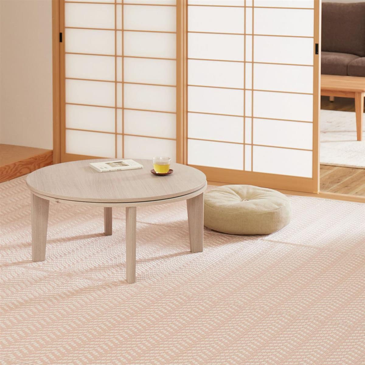 萩原 洗える い草風カーペット ピンク 江戸間6畳 約261X352cm 「パスラッシュ」 ラグ 花ござ 子供部屋 ペット 保護 パステルカラー