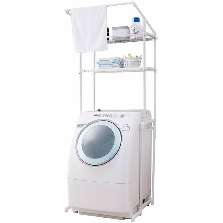 ランドリーラック 防水パン おしゃれ 洗面所 伸縮 2段 LRH-18P 送料無料 洗濯機ラック ラック 洗濯機収納 洗濯ラック 収納 ランドリー収納 収納棚 洗濯機 脱衣所 洗剤 バー付き ハンガー スリム 一人暮らし アイリスオーヤマ