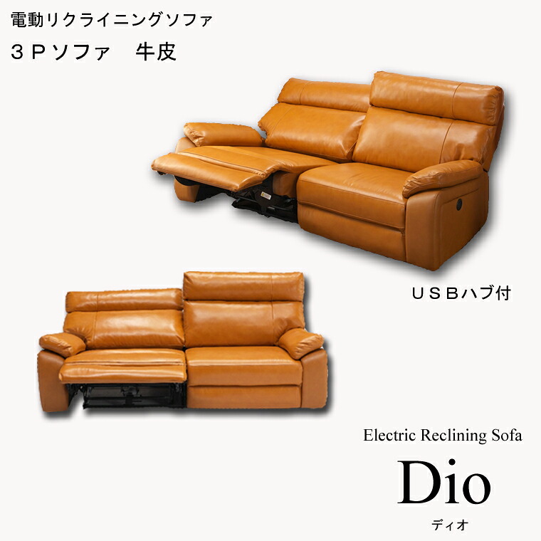 【受注生産品：ご注文頂いてから3～4ヶ月で出荷】電動ソファ ディオ3P キャメル USBハブ付 牛皮 Dio