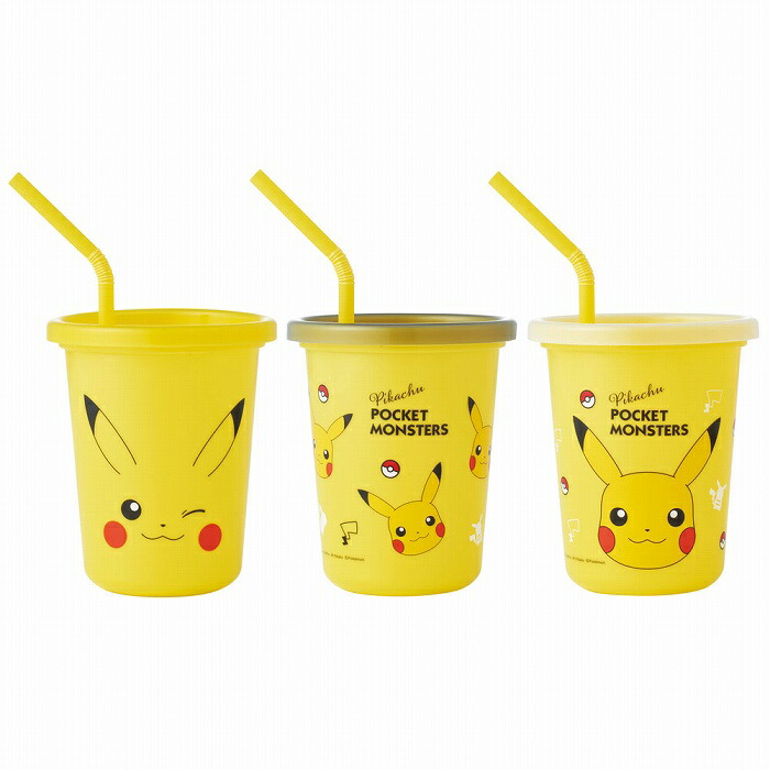 タンブラー プラスチック ストロー付き コップ 320ml カップ 3個セット キャラクター ポケットモンスター （ ポケモン ピカチュウ 蓋付きコップ ふた付きコップ グラス プラコップ 軽い 割れにくい 持ち運び プラスチック製 取っ手なし）画像