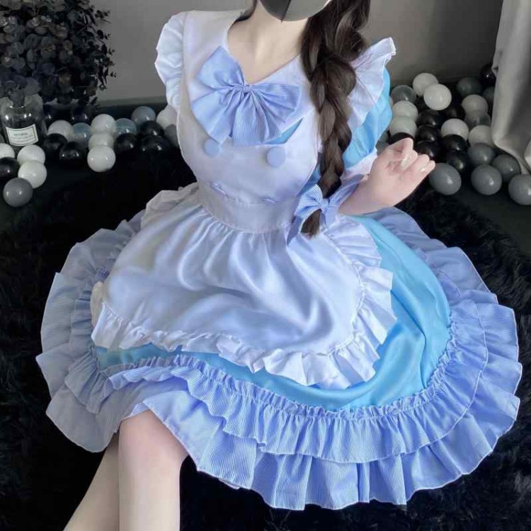 メイド服 コスプレ衣装 レディース 日系アニメ ロリータワンピース 青白 ポリエステル製 かわいい 制服風 イベント 仮装 甘めデザイン ドール風 ハロウィン
