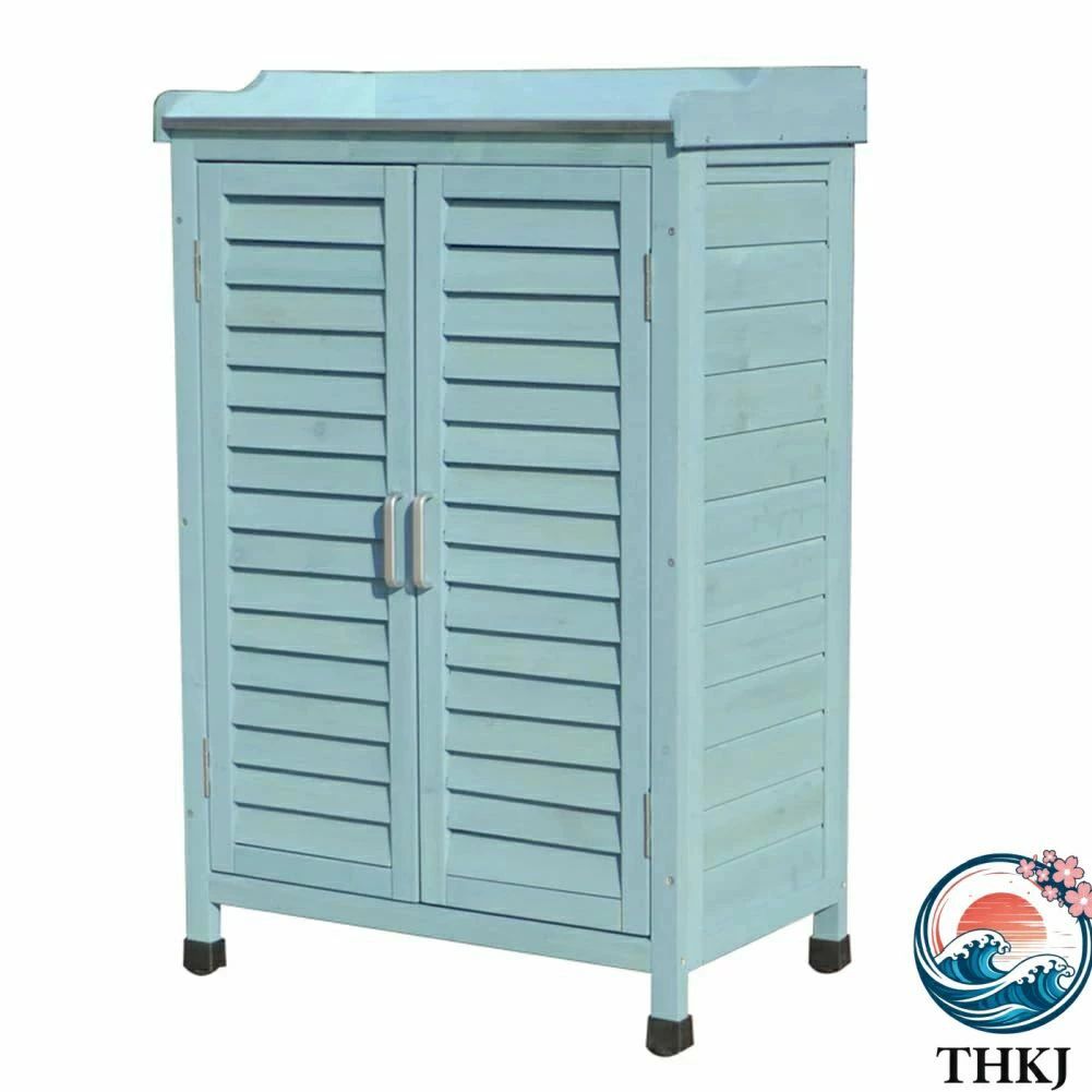 掃除道具 (長さ85×奥行42×高さ95cm 収納庫 屋外 倉庫 ベランダ ガレージ 庭 木製物置 ラック 小型 木製 ステンレス操作台付き 観音開き 駐輪場 収納 両開き 収納庫 ブルー) 扉付き 物置|暮らし彩堂