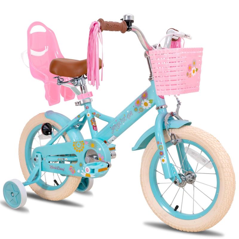 JOYSTAR 子供用自転車 12 14 16インチ 可愛い レトロ デージー柄 自転車 キッズバイク こども 幼児 低学年 女の子 ぬいぐるみ座席 人形用シート 手編みカゴ ポンポン ベル 取外し補助輪 コマ付き