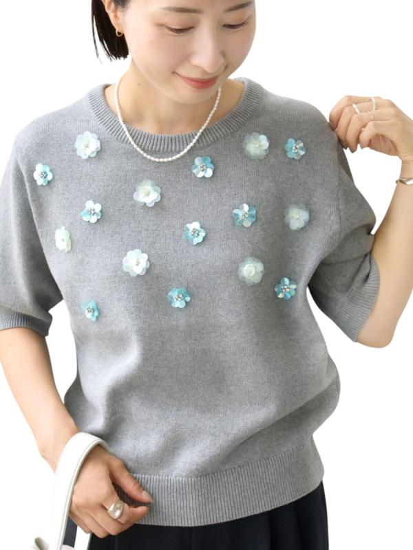 [シップス フォー ウィメン] SHIPS for women ニット 手洗い可能 フラワー ビジュー ショート スリーブ ニット プルオーバー レディース 316360008