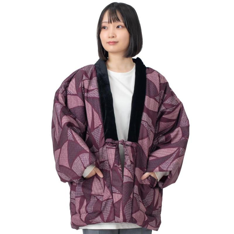 [あい藍] レディース 綿入れはんてん 更紗紋様 エンジ 赤いこと パープル