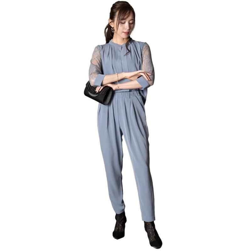 [MORE AUNI] スリーブレース切り替えパンツドレス セットアップ 上品 おしゃれ 結婚式 二次会 入学式 卒業式 72417