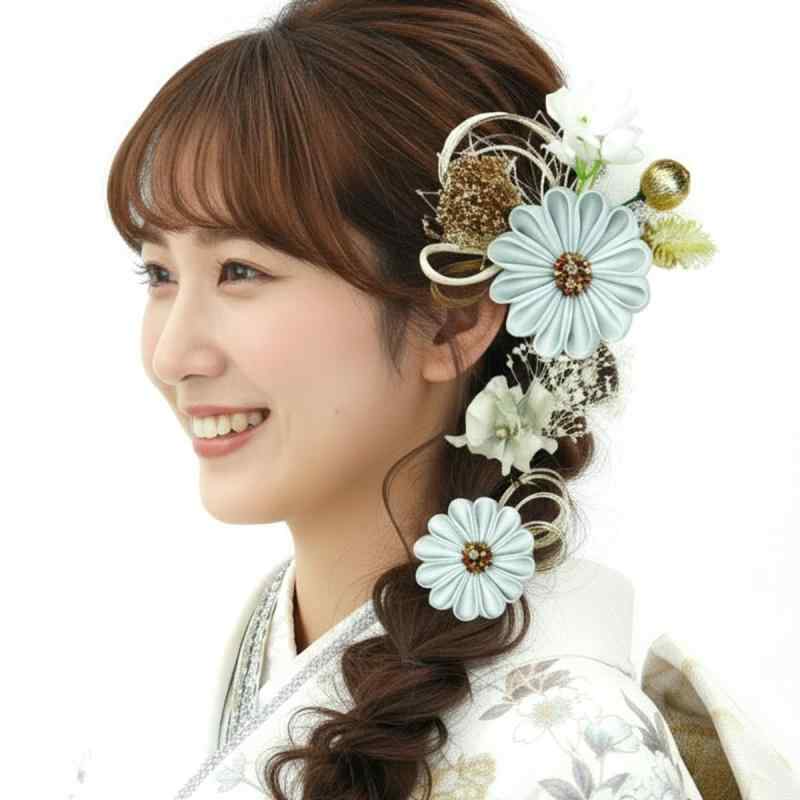 髪飾り 2点セット kk-008 白 紫 青 花 花飾り 花かんざし ヘアアクセサリー 成人式 振袖 浴衣 卒業式 結婚式 成人式