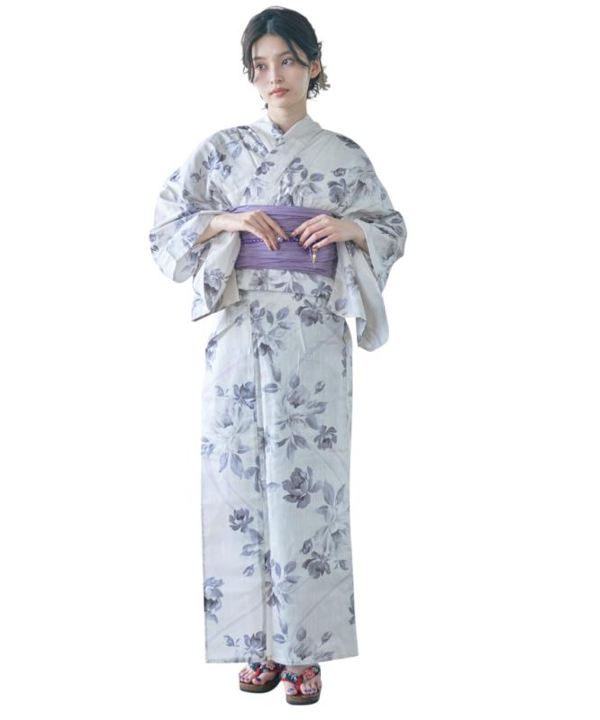 Dita レディース 浴衣 5点セット 白 グレー 花 モノトーン 水彩 儚げ 1人で簡単着付け