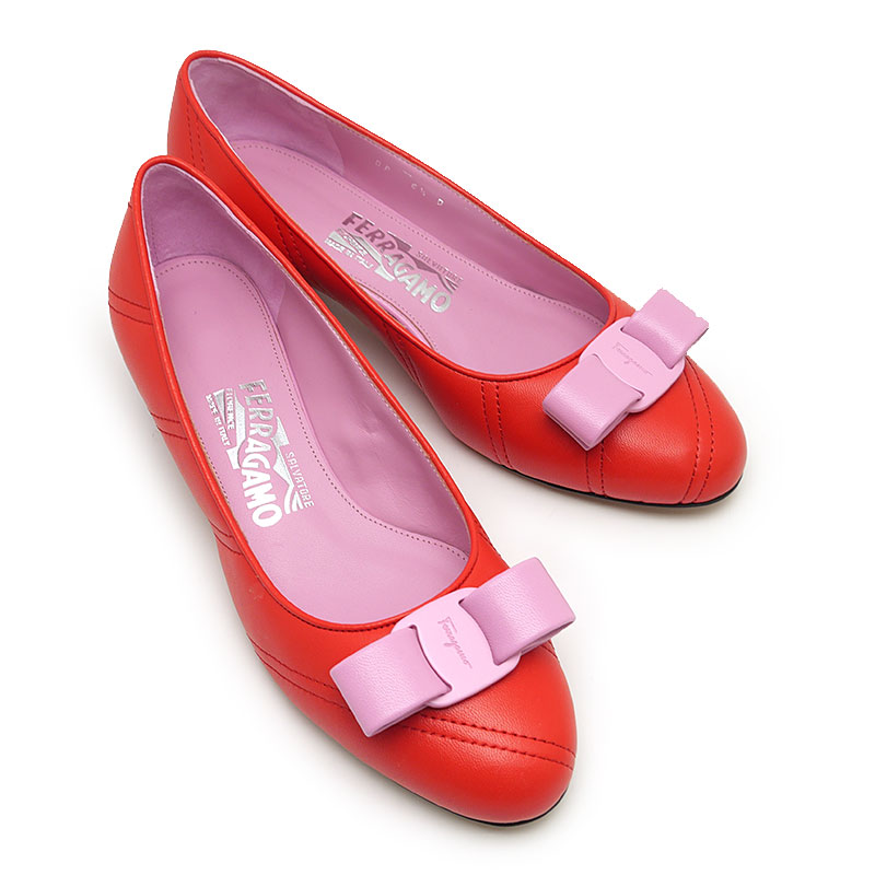【中古】フェラガモ Ferragamo ヴァラ リボンパンプス 6.5 レッド×ピンク 極美品 【質屋鑑定品】