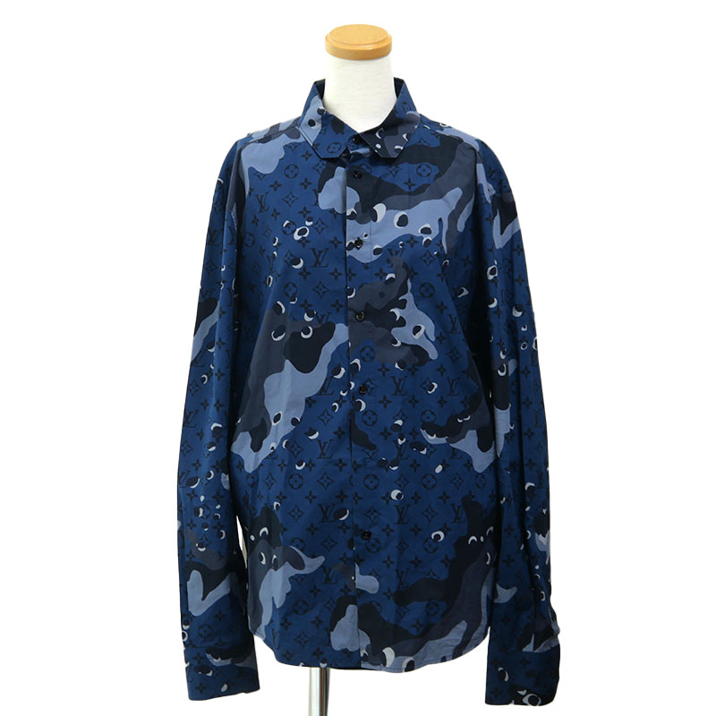 【中古】ルイヴィトン Louis Vuitton LV カモDNAオセアン モノグラム長袖シャツ サイズS ネイビー【質屋鑑定品】