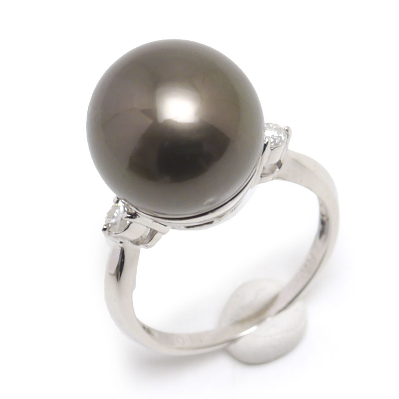 【中古】ブラックパールリング 約7号 PT900・黒蝶養殖真珠12.1-12.2mm・ダイヤ0.11ct【質屋鑑定品】|質屋クラタセブン