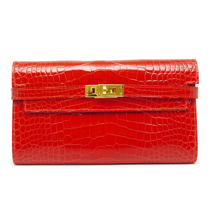【中古】エルメス HERMES ケリーウォレット アリゲーターシャイニー 赤いこと×ゴールド金具 レディース長金入れ A目じるし・2017年生み出すこと ※留め書き送りとどける【一六銀行位置づける品】