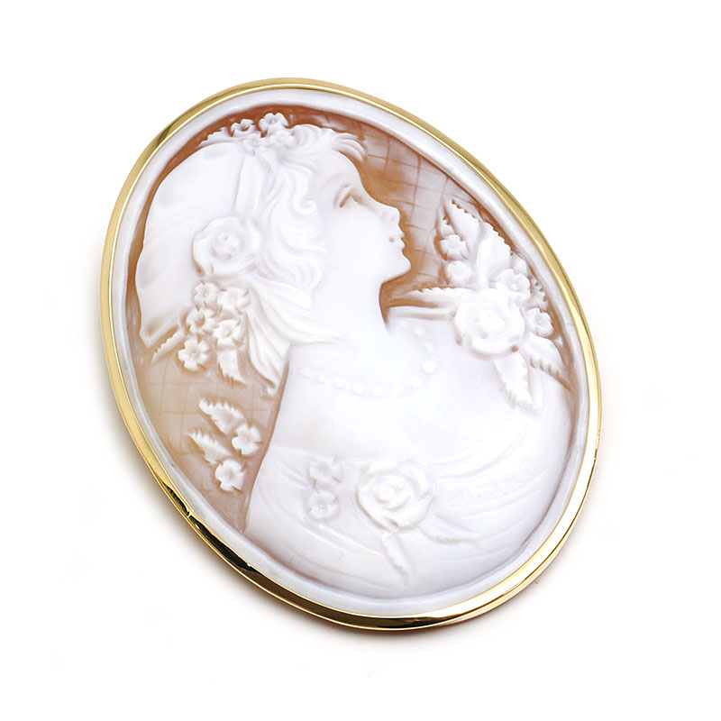 カメオ　シェル女性と小鳥　ペンダントトップ&ブローチ　2way K18枠 APA社 カメオブローチ・ペンダント K18(750)イエローゴールド枠/K18YG