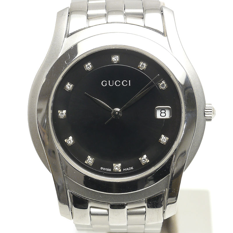 【中古】グッチ GUCCI 5500M 11P金剛石 黒文字盤 石英【一六銀行位置づける品】