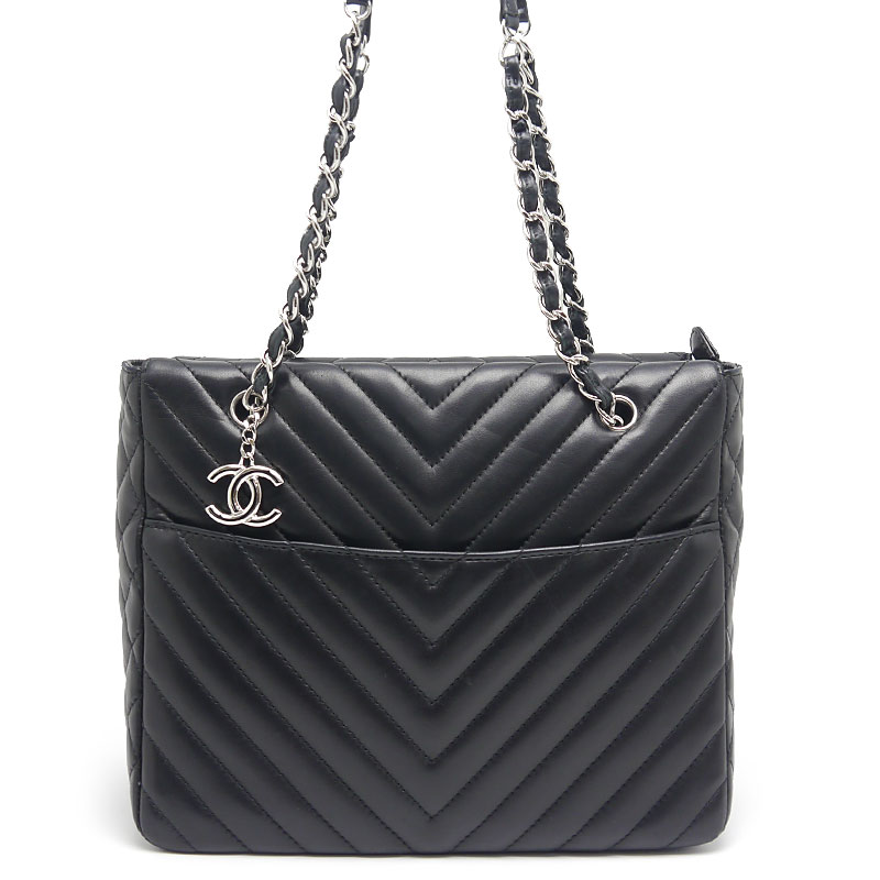 【中古】シャネル CHANEL Vステッチ チェーントート シルバー金具 トートバッグ レディース A4サイズ対応【質屋鑑定品】