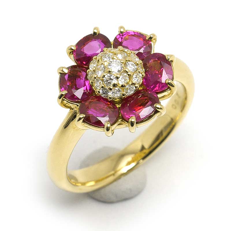 【中古】ルビーダイヤモンドリング 約11号 K18YG・ルビー2.00ct・ダイヤ0.20ct フラワー 花【質屋鑑定品】｜質屋クラタセブン