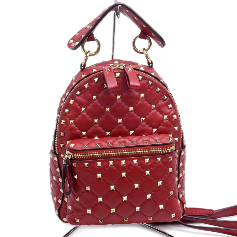 【中古】ヴァレンティノガラヴァーニ VALENTINO GARAVANI ロックスタッズ バックパック 赤 レッド リュック【質屋鑑定品】
