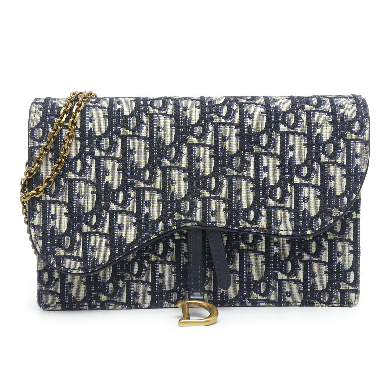 【中古】ディオール Dior オブリーク チェーンショルダーバッグ サドル キャンバス ネイビー【質屋鑑定品】