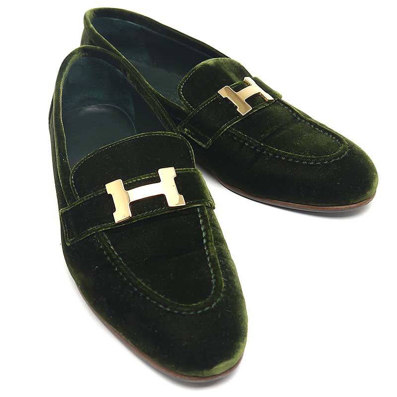 【中古】エルメス HERMES モカシン 光の都市 天鵞絨 36.5 レディース 緑であること×ゴールド金具【一六銀行価値づける品】