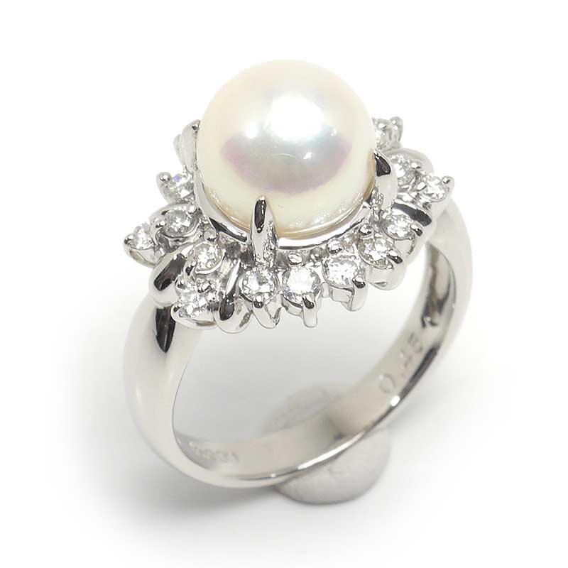 【中古】パールダイヤモンドリング 約11.5号 PT900・アコヤ養殖真珠約8.9mm・ダイヤ0.45ct【質屋鑑定品】|質屋クラタセブン