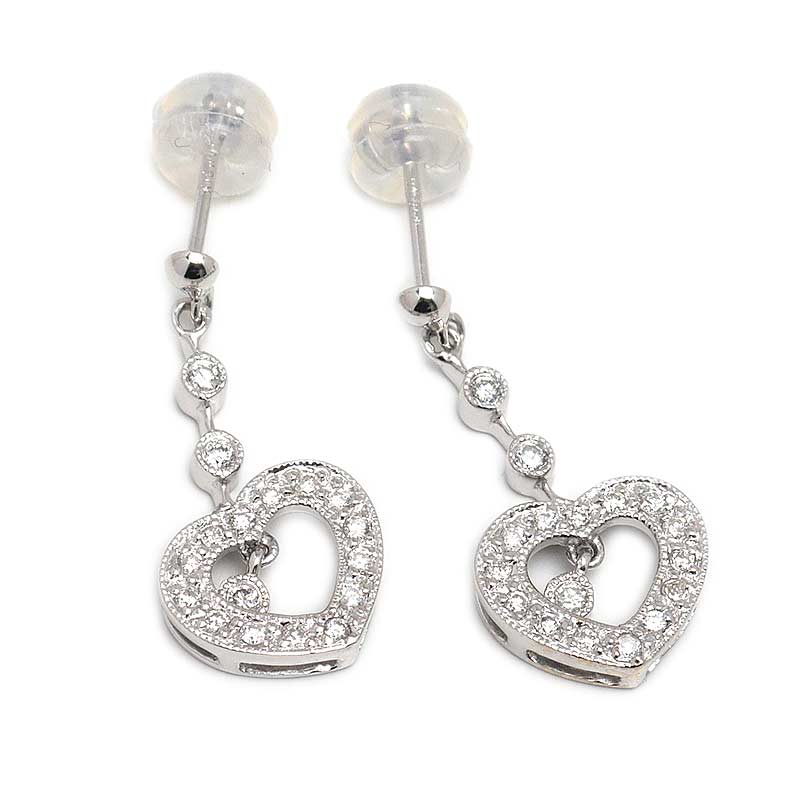 【中古】ダイヤモンドピアス K18WG ・ダイヤ0.12ct/0.12ct ハート ドロップピアス ミルグレイン【質屋鑑定品】|質屋クラタセブン