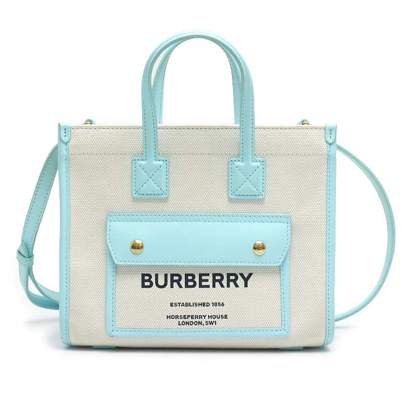 【中古】バーバリー BURBERRY ミニ フレヤトートバッグ ナチュラル×ブルー系 ショルダーバッグ【質屋鑑定品】