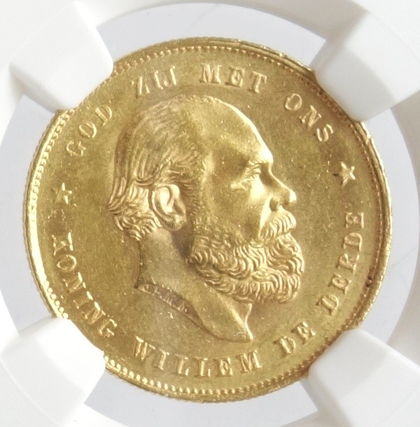 オランダ　 オランダ国王　ウィレム3世　 10グルデン金貨　 1877年　 NGC鑑定【MS62】
