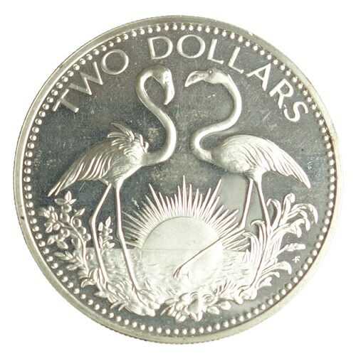 バハマ　<br>フラミンゴ　<br>2ドルプルーフ銀貨　<br>1974年